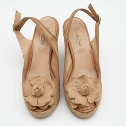 Pre Owned Valentino Beige Fabric And Leather Flower Platform Espadrille Wedge Slingback Sandals Size 36.5