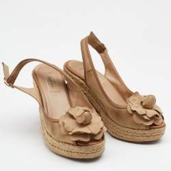 Pre Owned Valentino Beige Fabric And Leather Flower Platform Espadrille Wedge Slingback Sandals Size 36.5