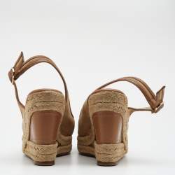 Pre Owned Valentino Beige Fabric And Leather Flower Platform Espadrille Wedge Slingback Sandals Size 36.5