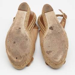 Pre Owned Valentino Beige Fabric And Leather Flower Platform Espadrille Wedge Slingback Sandals Size 36.5