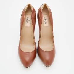 Pre Owned Valentino Brown Leather Round Toe Platform Pumps Size 40