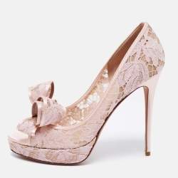 Pre Owned Valentino Pink Floral Lace And Satin Bow Peep Toe Platform Pumps Size 39