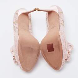 Pre Owned Valentino Pink Floral Lace And Satin Bow Peep Toe Platform Pumps Size 39