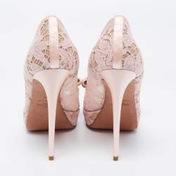 Pre Owned Valentino Pink Floral Lace And Satin Bow Peep Toe Platform Pumps Size 39