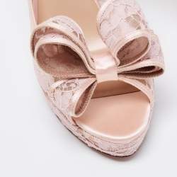 Pre Owned Valentino Pink Floral Lace And Satin Bow Peep Toe Platform Pumps Size 39