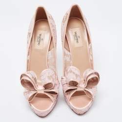 Pre Owned Valentino Pink Floral Lace And Satin Bow Peep Toe Platform Pumps Size 39