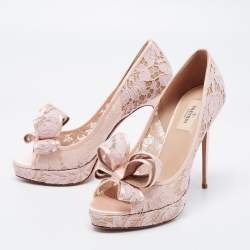 Pre Owned Valentino Pink Floral Lace And Satin Bow Peep Toe Platform Pumps Size 39