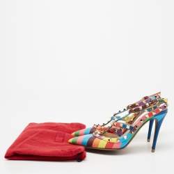 Pre Owned Valentino Multicolor Leather Rockstud Ankle-Strap Pumps Size 38.5