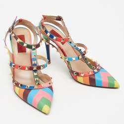 Pre Owned Valentino Multicolor Leather Rockstud Ankle-Strap Pumps Size 38.5