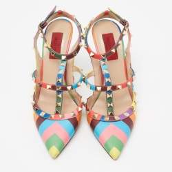 Pre Owned Valentino Multicolor Leather Rockstud Ankle-Strap Pumps Size 38.5