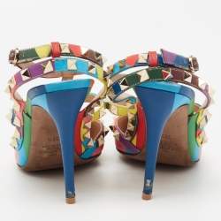 Pre Owned Valentino Multicolor Leather Rockstud Ankle-Strap Pumps Size 38.5