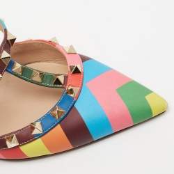 Pre Owned Valentino Multicolor Leather Rockstud Ankle-Strap Pumps Size 38.5