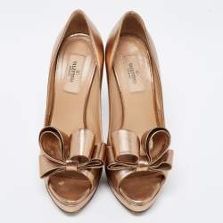 Pre Owned Valentino Metallic Gold Leather Bow Peep Toe Platform Pumps Size 38