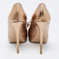 Pre Owned Valentino Metallic Gold Leather Bow Peep Toe Platform Pumps Size 38
