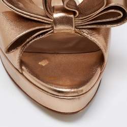 Pre Owned Valentino Metallic Gold Leather Bow Peep Toe Platform Pumps Size 38