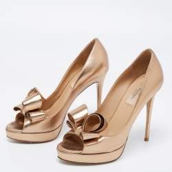 Pre Owned Valentino Metallic Gold Leather Bow Peep Toe Platform Pumps Size 38