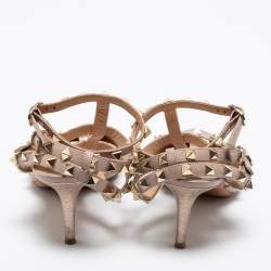 Pre Owned Valentino Rose Gold Leather Rockstud Ankle-Strap Pumps Size 37.5