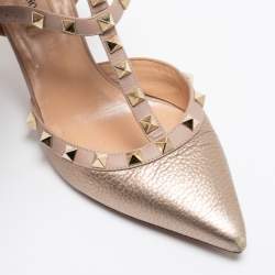 Pre Owned Valentino Rose Gold Leather Rockstud Ankle-Strap Pumps Size 37.5