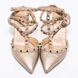 Pre Owned Valentino Rose Gold Leather Rockstud Ankle-Strap Pumps Size 37.5