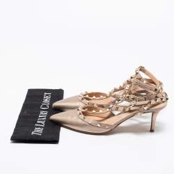 Pre Owned Valentino Rose Gold Leather Rockstud Ankle-Strap Pumps Size 37.5