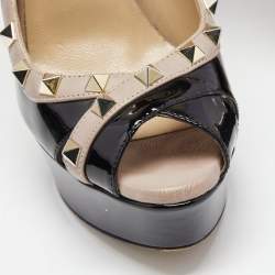 Pre Owned Valentino Black/Beige Patent Leather Rockstud Crisscross Peep Toe Platform Pumps Size 37.5