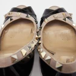 Pre Owned Valentino Black/Beige Patent Leather Rockstud Crisscross Peep Toe Platform Pumps Size 37.5