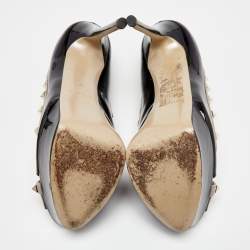Pre Owned Valentino Black/Beige Patent Leather Rockstud Crisscross Peep Toe Platform Pumps Size 37.5