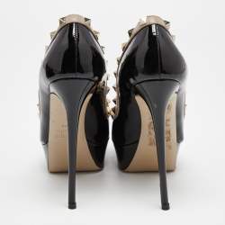 Pre Owned Valentino Black/Beige Patent Leather Rockstud Crisscross Peep Toe Platform Pumps Size 37.5