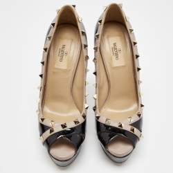 Pre Owned Valentino Black/Beige Patent Leather Rockstud Crisscross Peep Toe Platform Pumps Size 37.5