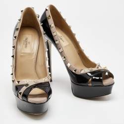 Pre Owned Valentino Black/Beige Patent Leather Rockstud Crisscross Peep Toe Platform Pumps Size 37.5