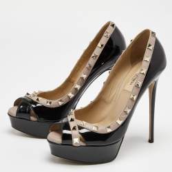 Pre Owned Valentino Black/Beige Patent Leather Rockstud Crisscross Peep Toe Platform Pumps Size 37.5