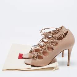 Pre Owned Valentino Beige Leather Rockstud Open Toe Lace Up Ankle Tie Pumps Size 36