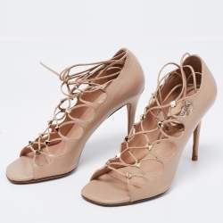 Pre Owned Valentino Beige Leather Rockstud Open Toe Lace Up Ankle Tie Pumps Size 36