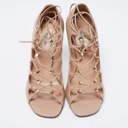 Pre Owned Valentino Beige Leather Rockstud Open Toe Lace Up Ankle Tie Pumps Size 36