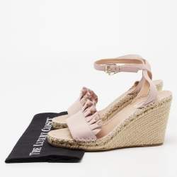 Pre Owned Valentino Light Pink Leather Studded Ruffle-Trimmed Espadrille Wedge Sandals Size 40
