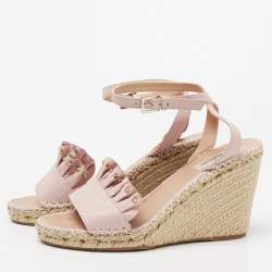 Pre Owned Valentino Light Pink Leather Studded Ruffle-Trimmed Espadrille Wedge Sandals Size 40