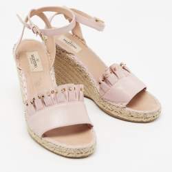 Pre Owned Valentino Light Pink Leather Studded Ruffle-Trimmed Espadrille Wedge Sandals Size 40