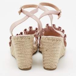 Pre Owned Valentino Light Pink Leather Studded Ruffle-Trimmed Espadrille Wedge Sandals Size 40