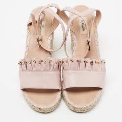 Pre Owned Valentino Light Pink Leather Studded Ruffle-Trimmed Espadrille Wedge Sandals Size 40