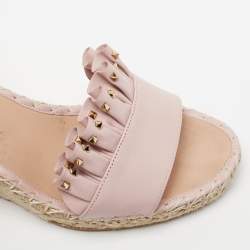 Pre Owned Valentino Light Pink Leather Studded Ruffle-Trimmed Espadrille Wedge Sandals Size 40