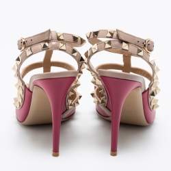 Pre Owned Valentino Burgundy/Pink Leather Rockstud Ankle Strap Pumps Size 38
