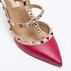 Pre Owned Valentino Burgundy/Pink Leather Rockstud Ankle Strap Pumps Size 38