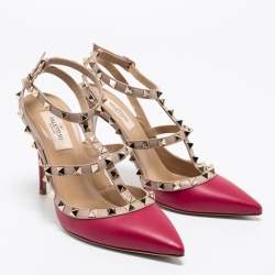 Pre Owned Valentino Burgundy/Pink Leather Rockstud Ankle Strap Pumps Size 38