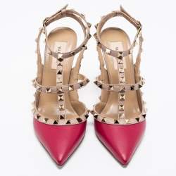 Pre Owned Valentino Burgundy/Pink Leather Rockstud Ankle Strap Pumps Size 38