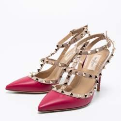 Pre Owned Valentino Burgundy/Pink Leather Rockstud Ankle Strap Pumps Size 38
