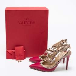 Pre Owned Valentino Burgundy/Pink Leather Rockstud Ankle Strap Pumps Size 38