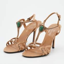 Pre Owned Valentino Beige Satin Crystal Embellished T-Strap Sandals Size 37