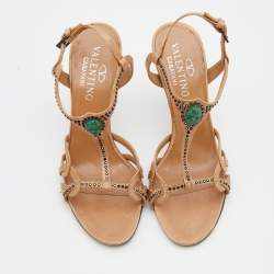 Pre Owned Valentino Beige Satin Crystal Embellished T-Strap Sandals Size 37