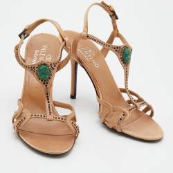 Pre Owned Valentino Beige Satin Crystal Embellished T-Strap Sandals Size 37