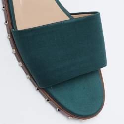 Pre Owned Valentino Dark Green Satin Soul Rockstud Ankle-Strap Flat Sandals Size 40